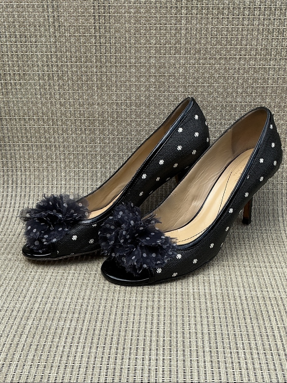 kate spade Black Polka Dot Fabric Peep-Toe Heels with Tulle Pom
